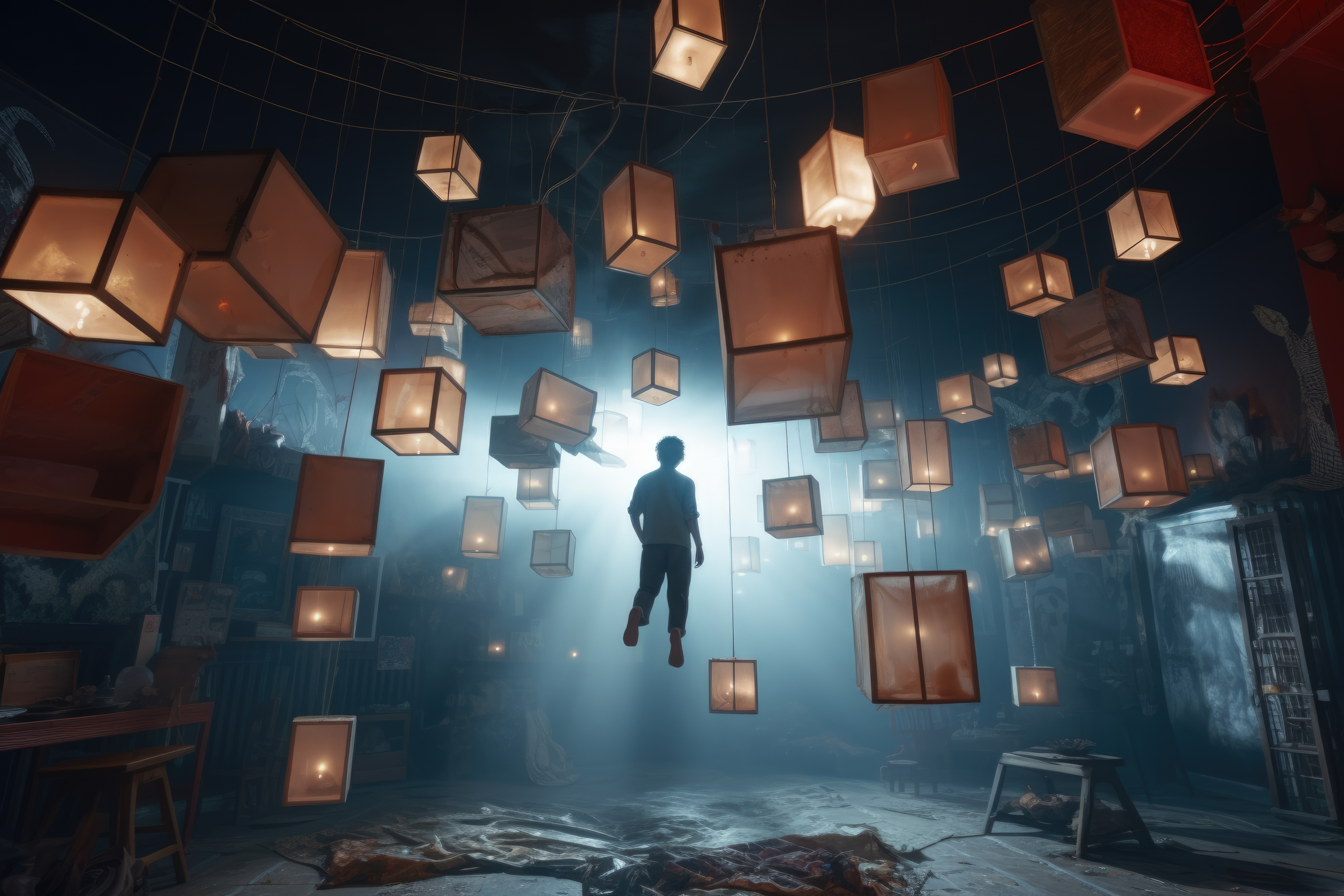Surreal floating figure suggesting gravity-defying storytelling